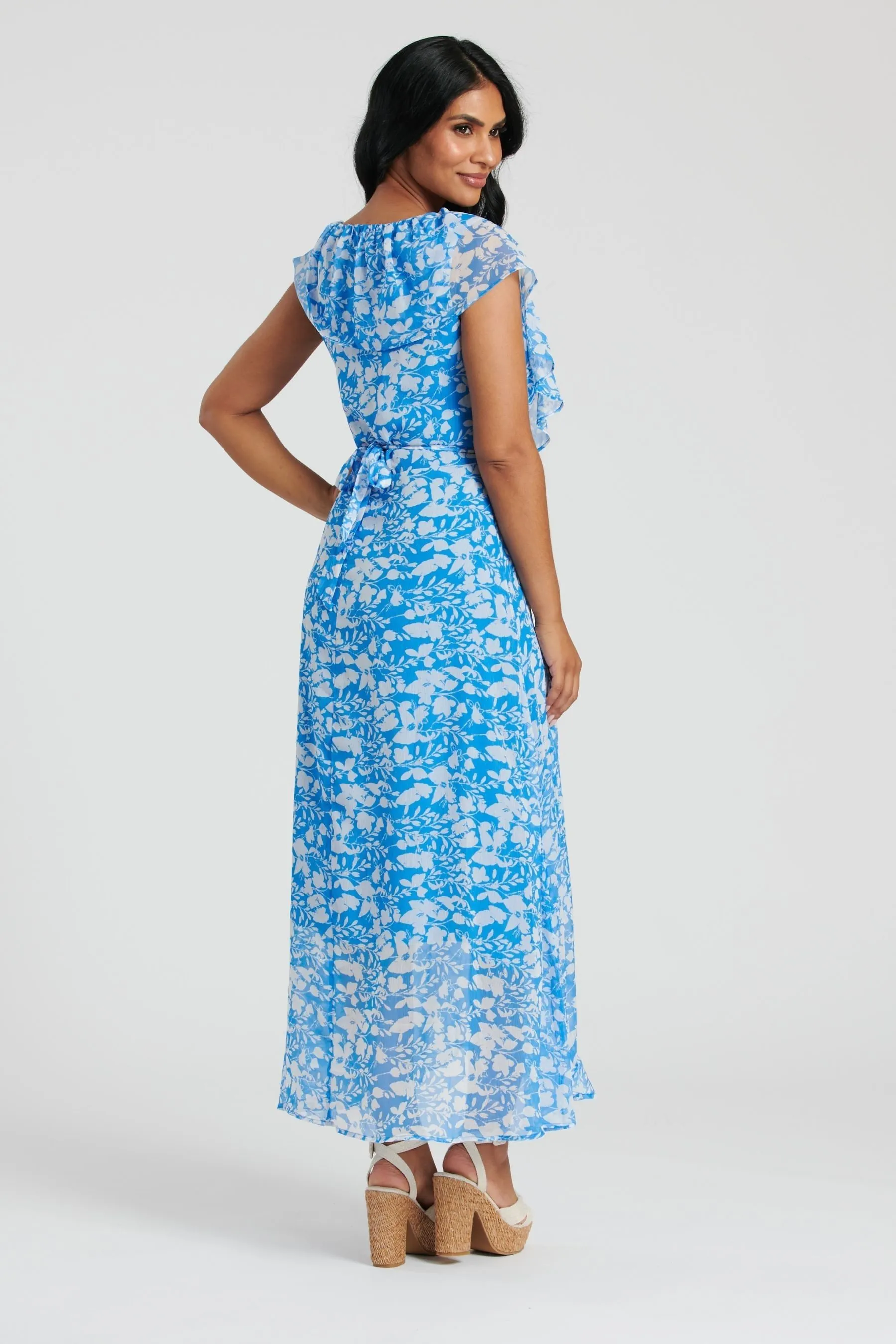 South Beach - Abito midi a portafoglio in chiffon Stampa con scollo a volant