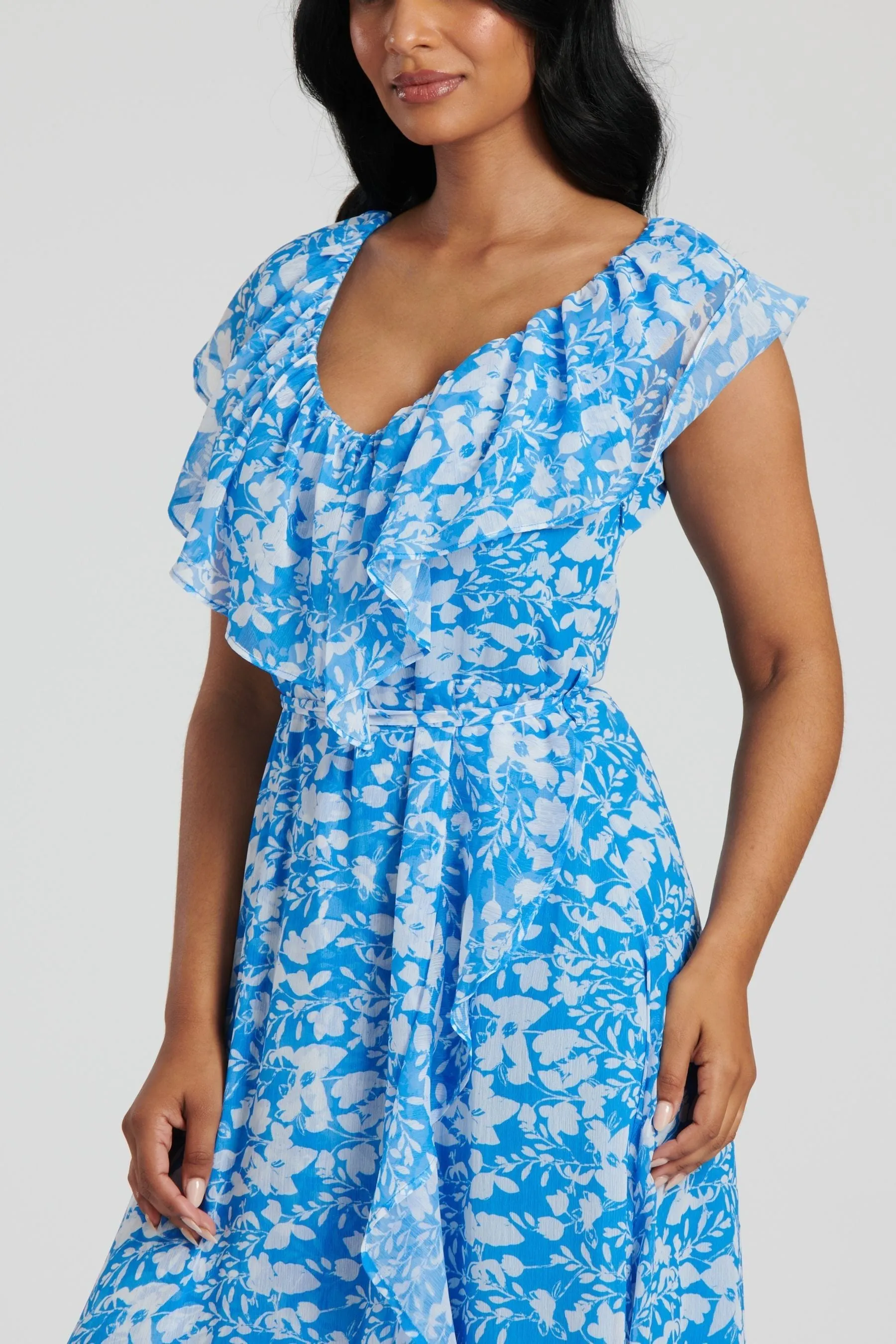 South Beach - Abito midi a portafoglio in chiffon Stampa con scollo a volant