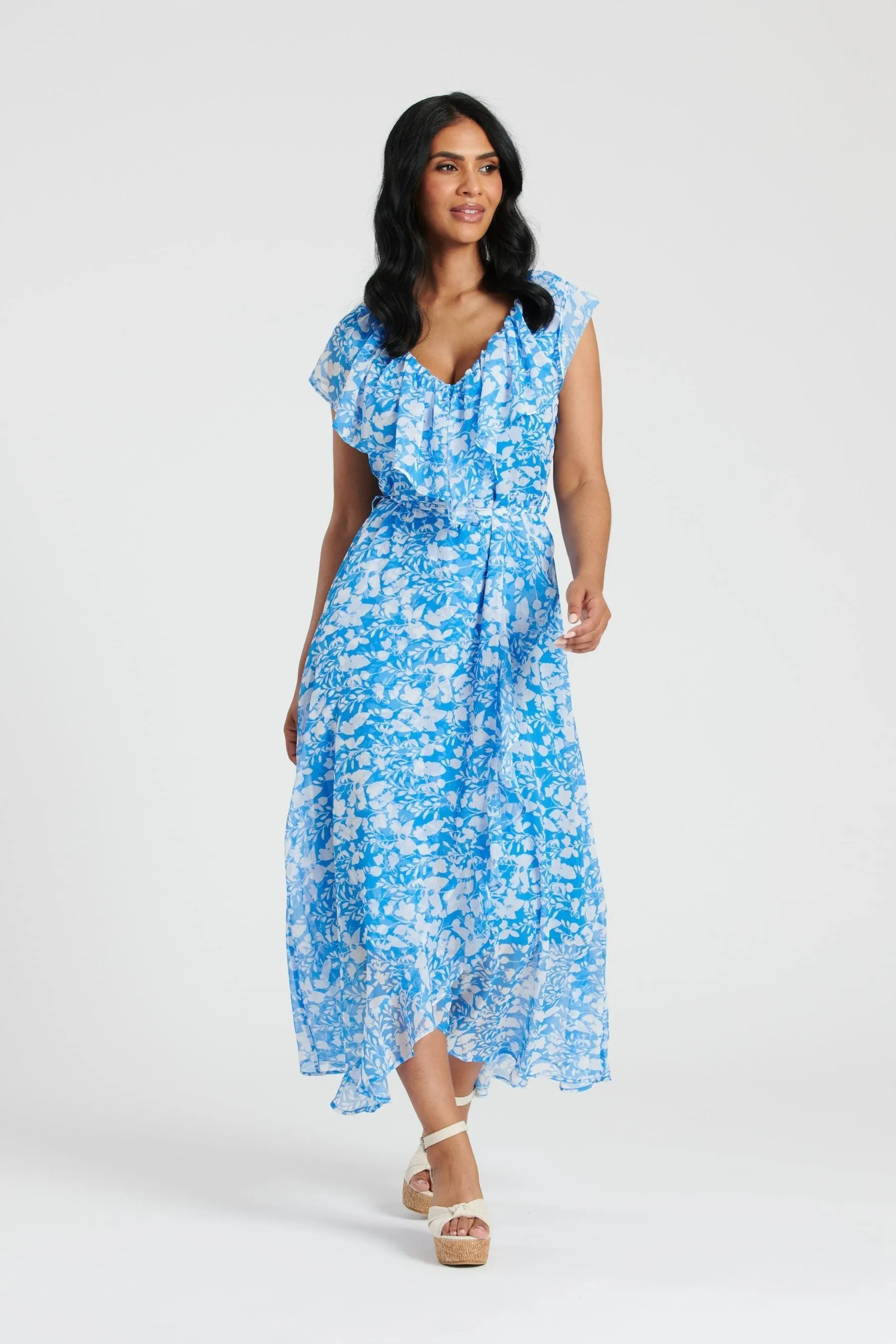 South Beach - Abito midi a portafoglio in chiffon Stampa con scollo a volant