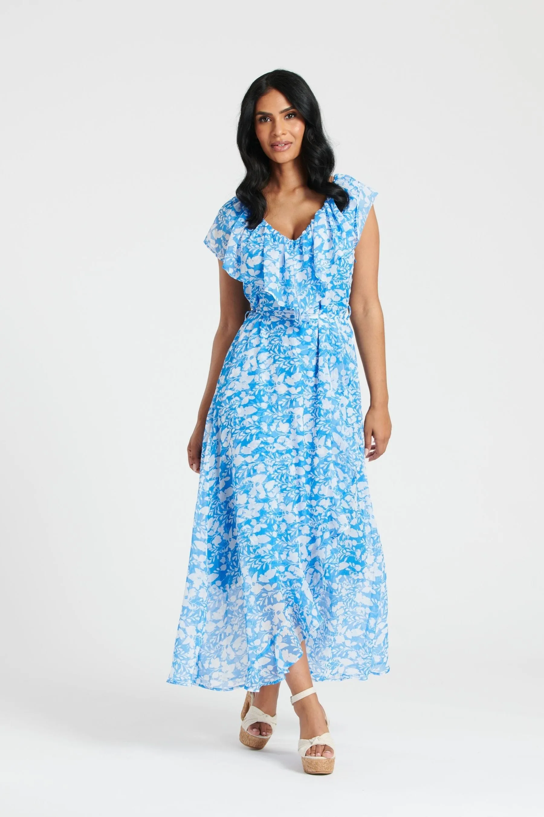 South Beach - Abito midi a portafoglio in chiffon Stampa con scollo a volant
