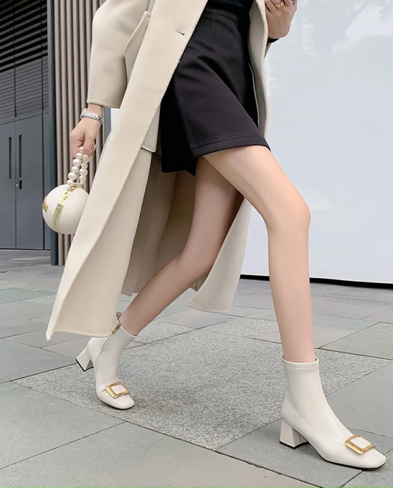 Stile di lusso leggero!  Stivali slim elasticizzati con punta quadrata alla moda e tacco spesso Nuovo autunno e inverno con fibb