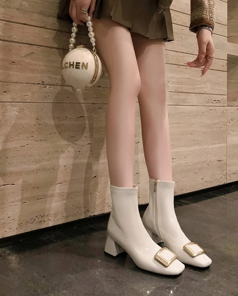 Stile di lusso leggero!  Stivali slim elasticizzati con punta quadrata alla moda e tacco spesso Nuovo autunno e inverno con fibb