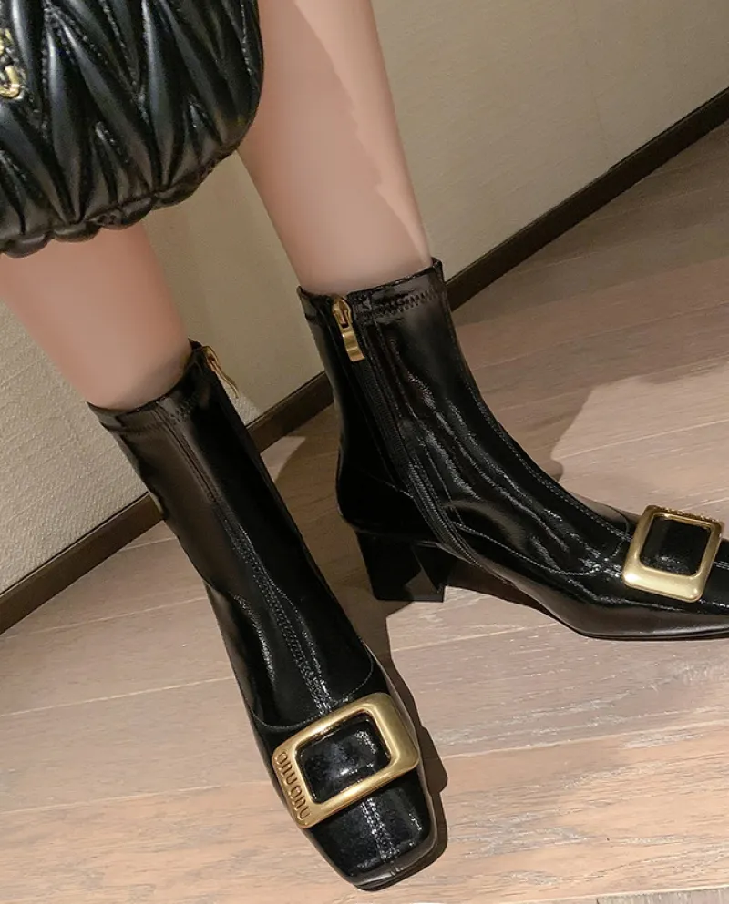Stile di lusso leggero!  Stivali slim elasticizzati con punta quadrata alla moda e tacco spesso Nuovo autunno e inverno con fibb