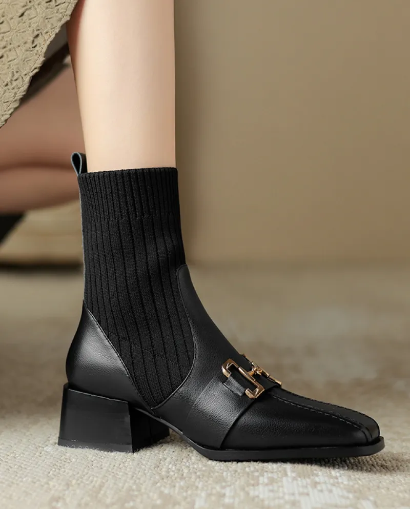 Stivali Martin da donna con fibbia in metallo in pelle di vacchetta, tacco spesso, autunno e inverno New Britis scollato in magl