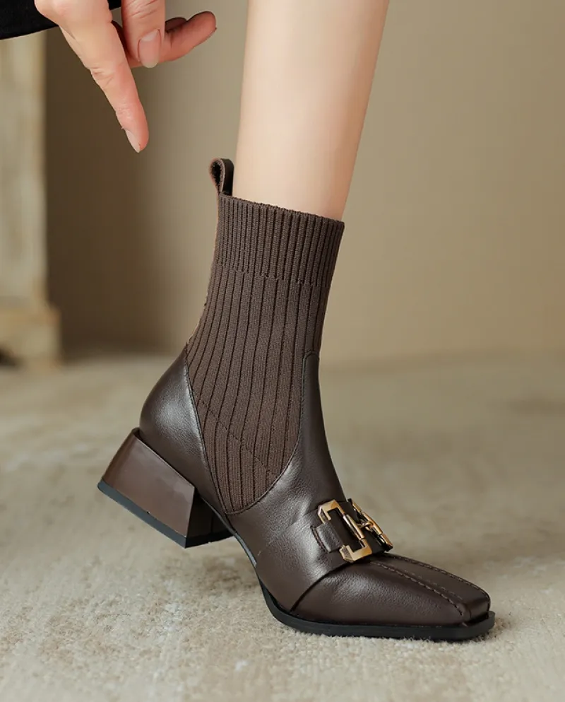Stivali Martin da donna con fibbia in metallo in pelle di vacchetta, tacco spesso, autunno e inverno New Britis scollato in magl