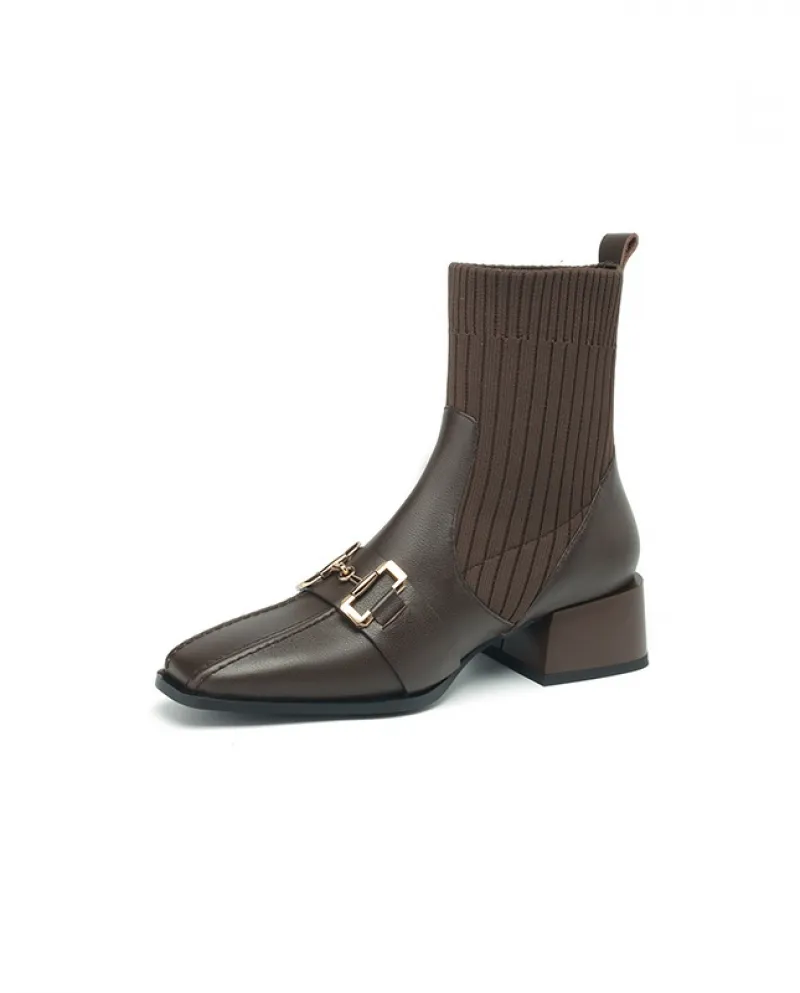 Stivali Martin da donna con fibbia in metallo in pelle di vacchetta, tacco spesso, autunno e inverno New Britis scollato in magl