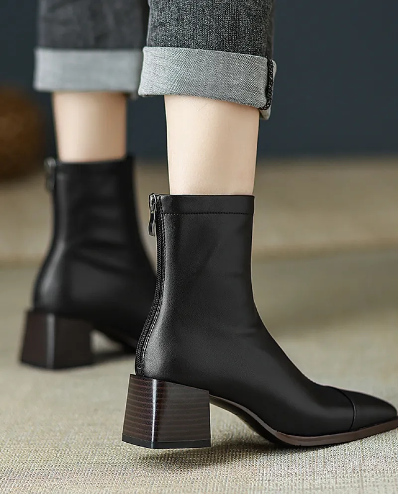 Stivali slim celebrità Internet con tacco medio in pelle di vacchetta punta quadrata per donna in autunno e inverno cerniera pos
