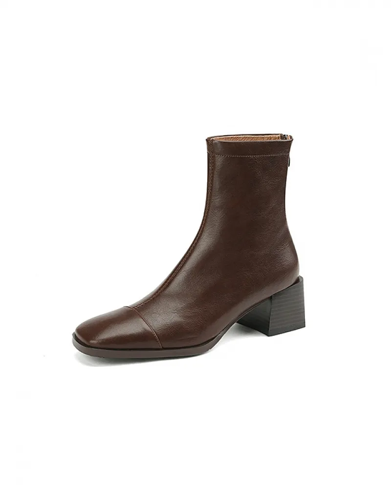Stivali slim celebrità Internet con tacco medio in pelle di vacchetta punta quadrata per donna in autunno e inverno cerniera pos