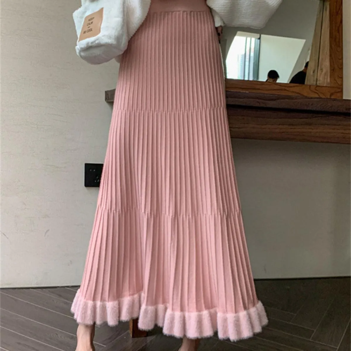 Vita alta Increspato Gonne a pieghe Donna Solid Autunno 2023 Elegante Gonna lunga Sciolto A pieghe a costine Casual Ladies