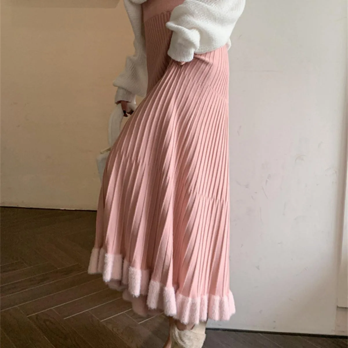 Vita alta Increspato Gonne a pieghe Donna Solid Autunno 2023 Elegante Gonna lunga Sciolto A pieghe a costine Casual Ladies