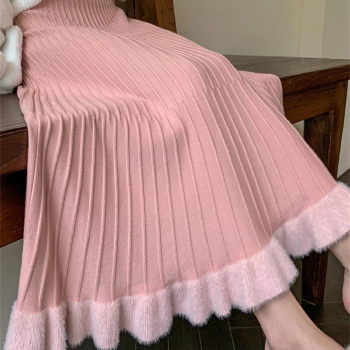 Vita alta Increspato Gonne a pieghe Donna Solid Autunno 2023 Elegante Gonna lunga Sciolto A pieghe a costine Casual Ladies