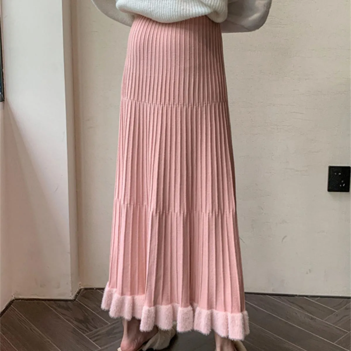 Vita alta Increspato Gonne a pieghe Donna Solid Autunno 2023 Elegante Gonna lunga Sciolto A pieghe a costine Casual Ladies