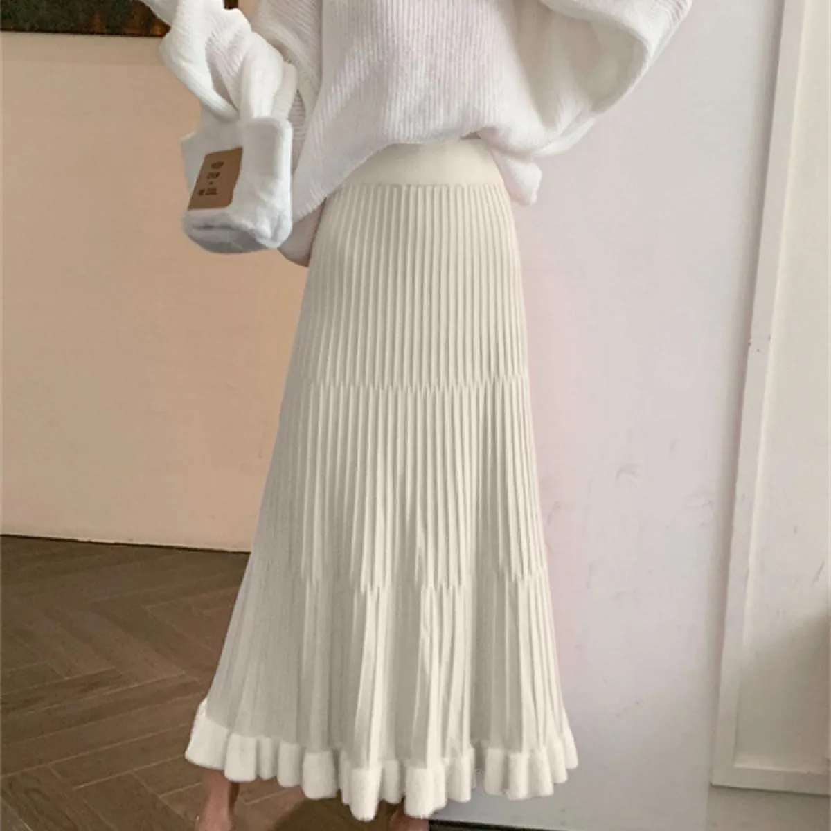 Vita alta Increspato Gonne a pieghe Donna Solid Autunno 2023 Elegante Gonna lunga Sciolto A pieghe a costine Casual Ladies