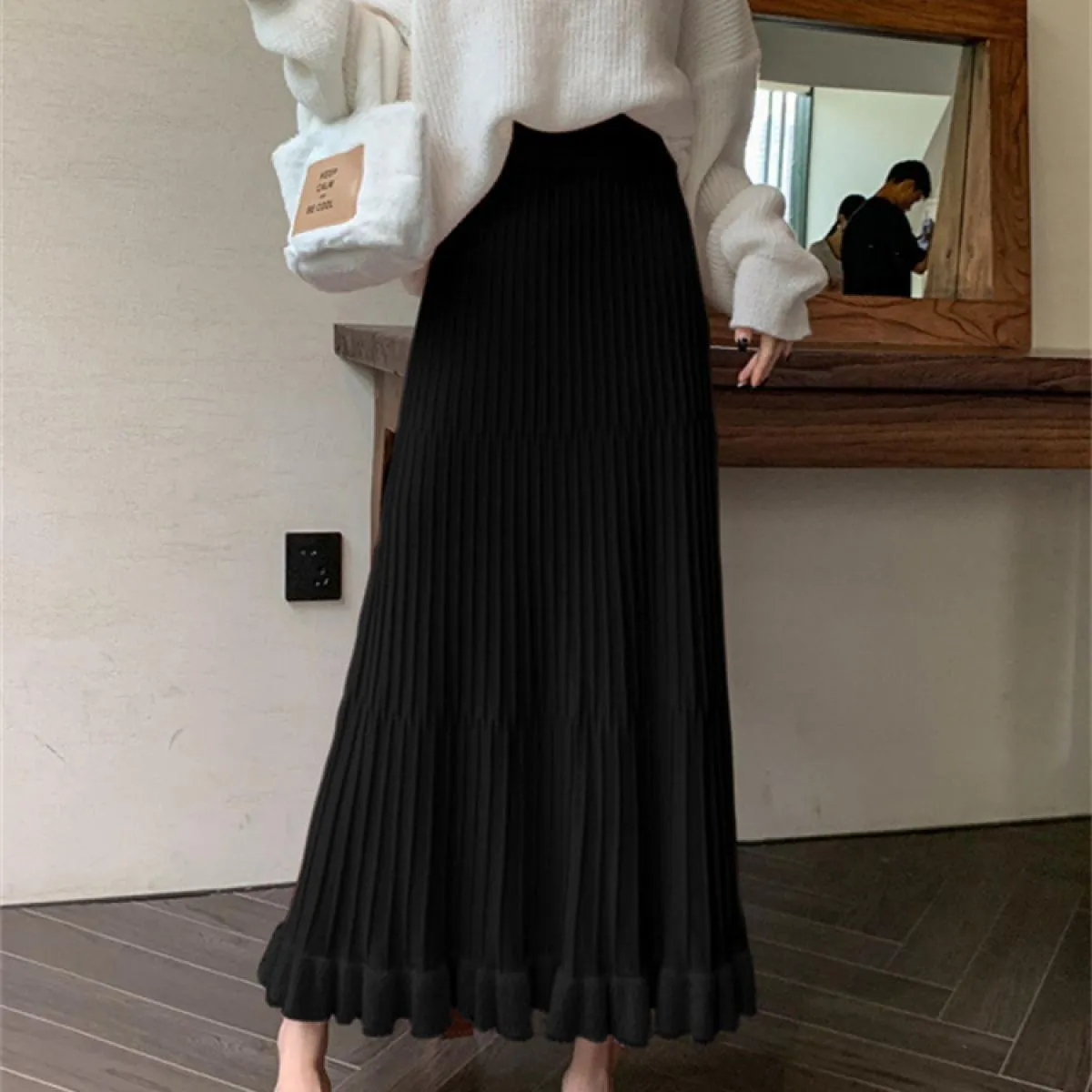 Vita alta Increspato Gonne a pieghe Donna Solid Autunno 2023 Elegante Gonna lunga Sciolto A pieghe a costine Casual Ladies