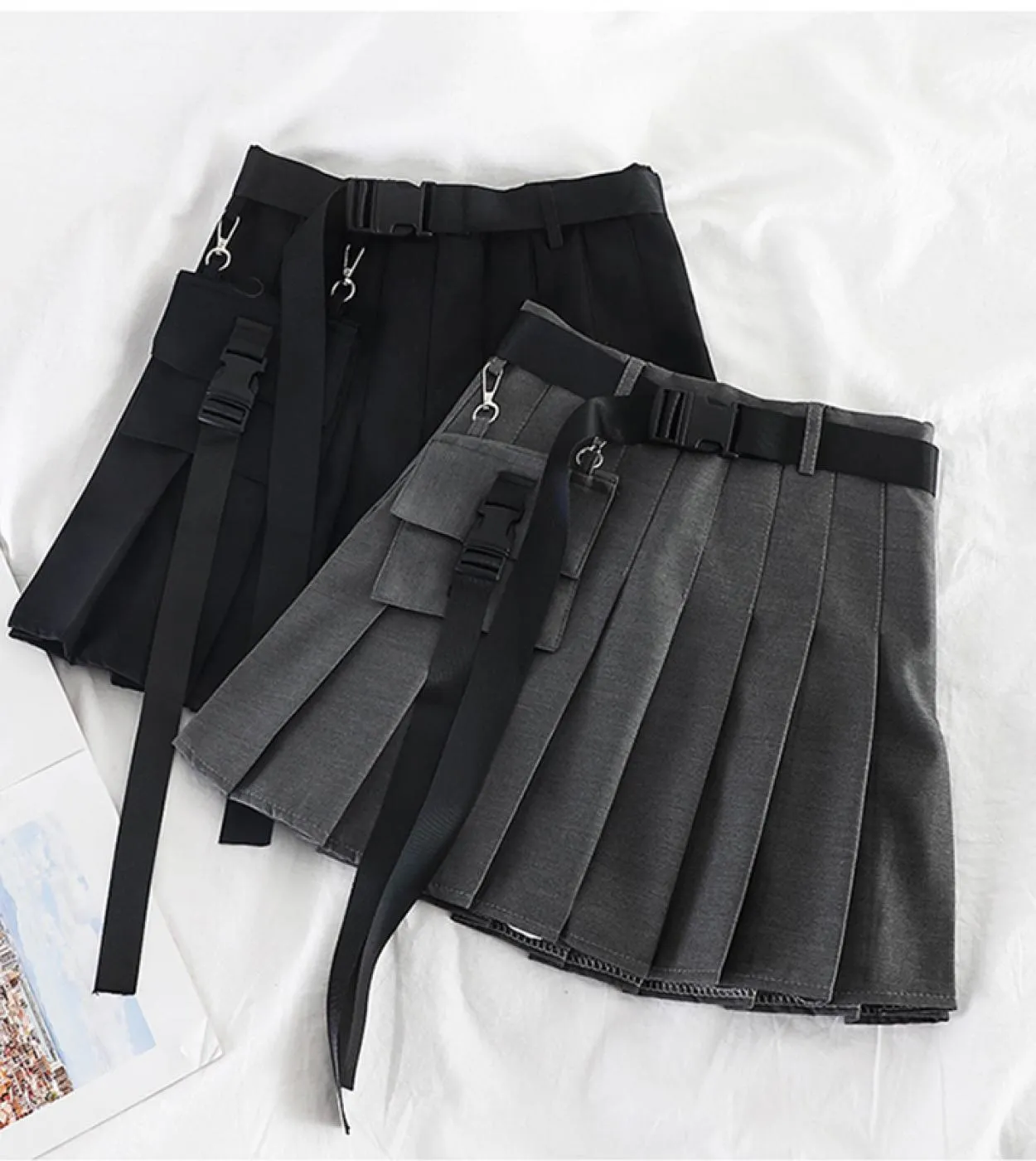 Womens Streetwear Tooling Gonna a pieghe a mezza lunghezza Safari Gonna corta nera Moda a vita alta Harajuku Gonne da donna Sk