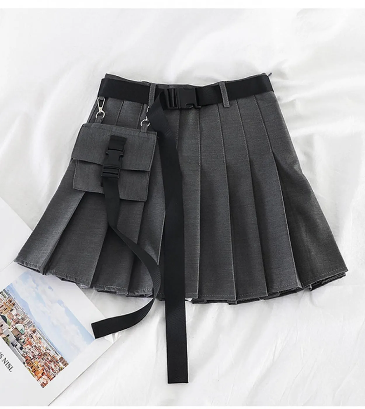 Womens Streetwear Tooling Gonna a pieghe a mezza lunghezza Safari Gonna corta nera Moda a vita alta Harajuku Gonne da donna Sk