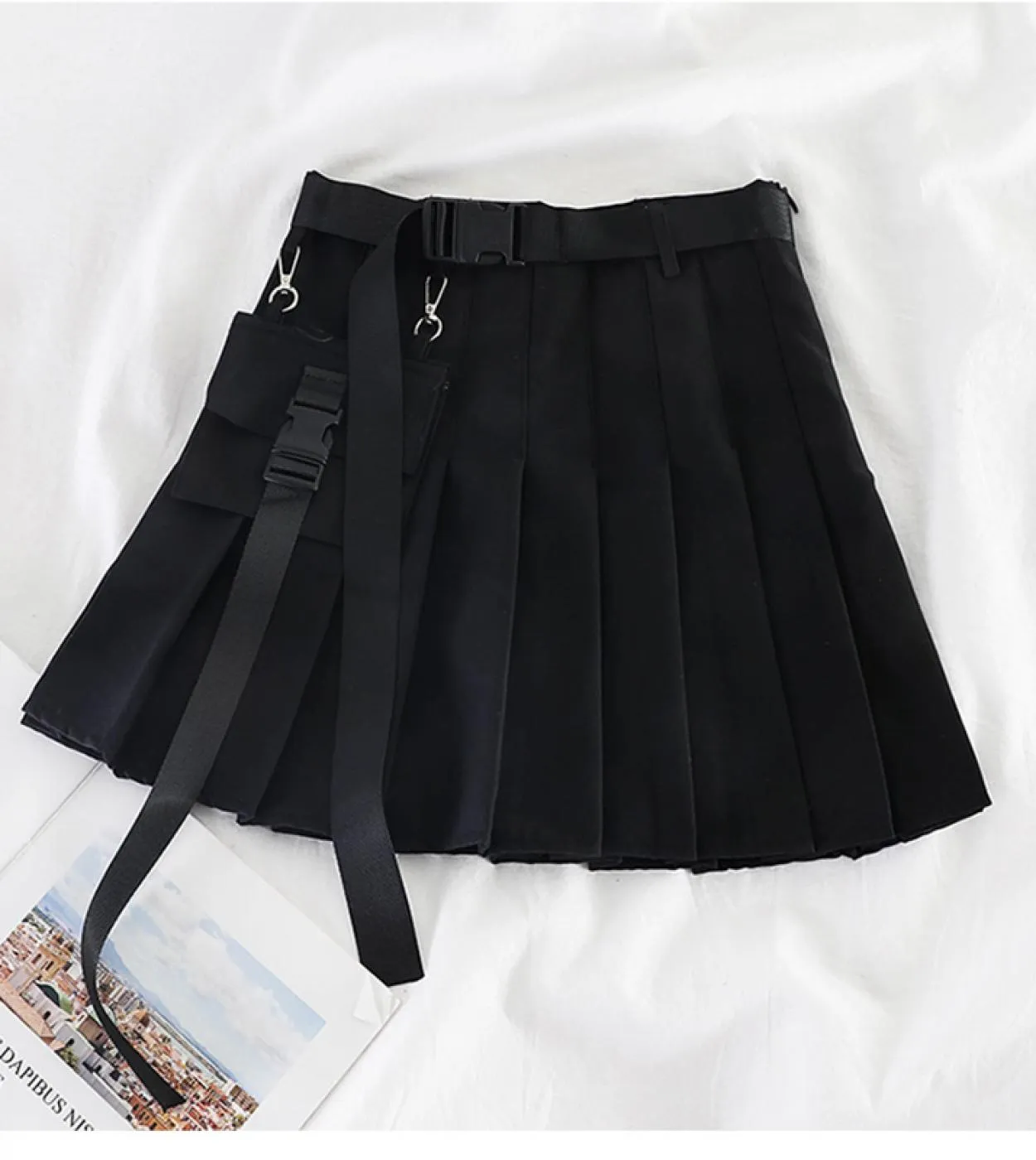 Womens Streetwear Tooling Gonna a pieghe a mezza lunghezza Safari Gonna corta nera Moda a vita alta Harajuku Gonne da donna Sk