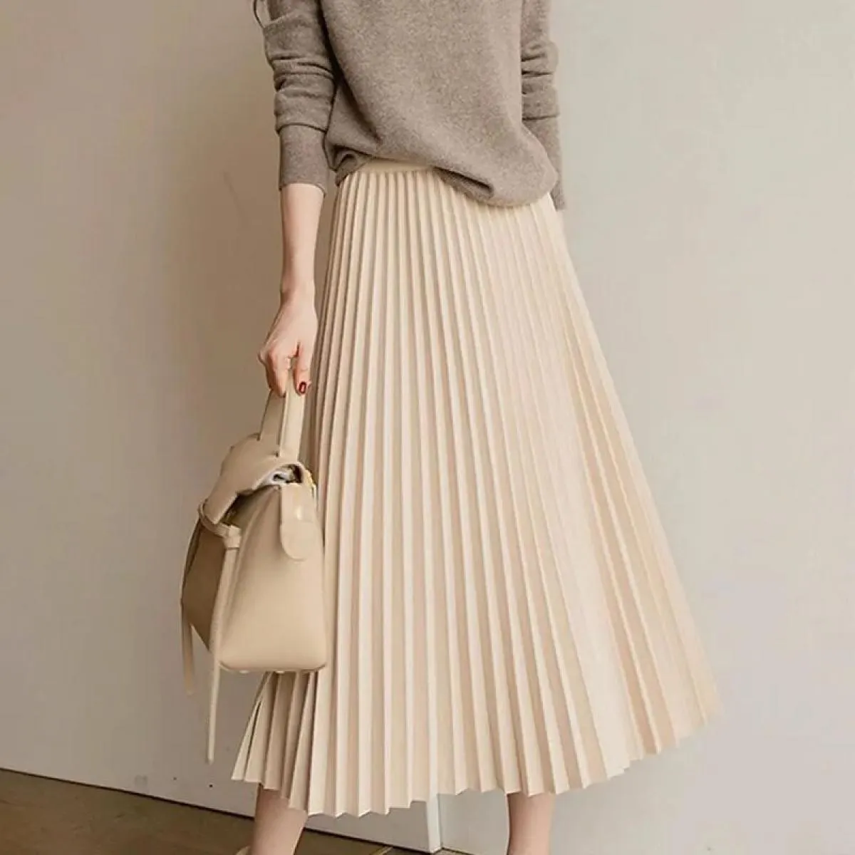 Xpqbb Autunno Inverno Gonne a pieghe Donna Elegante Streetwear Semplice Gonna lunga a linea Donna Gonna longuette vintage a vita
