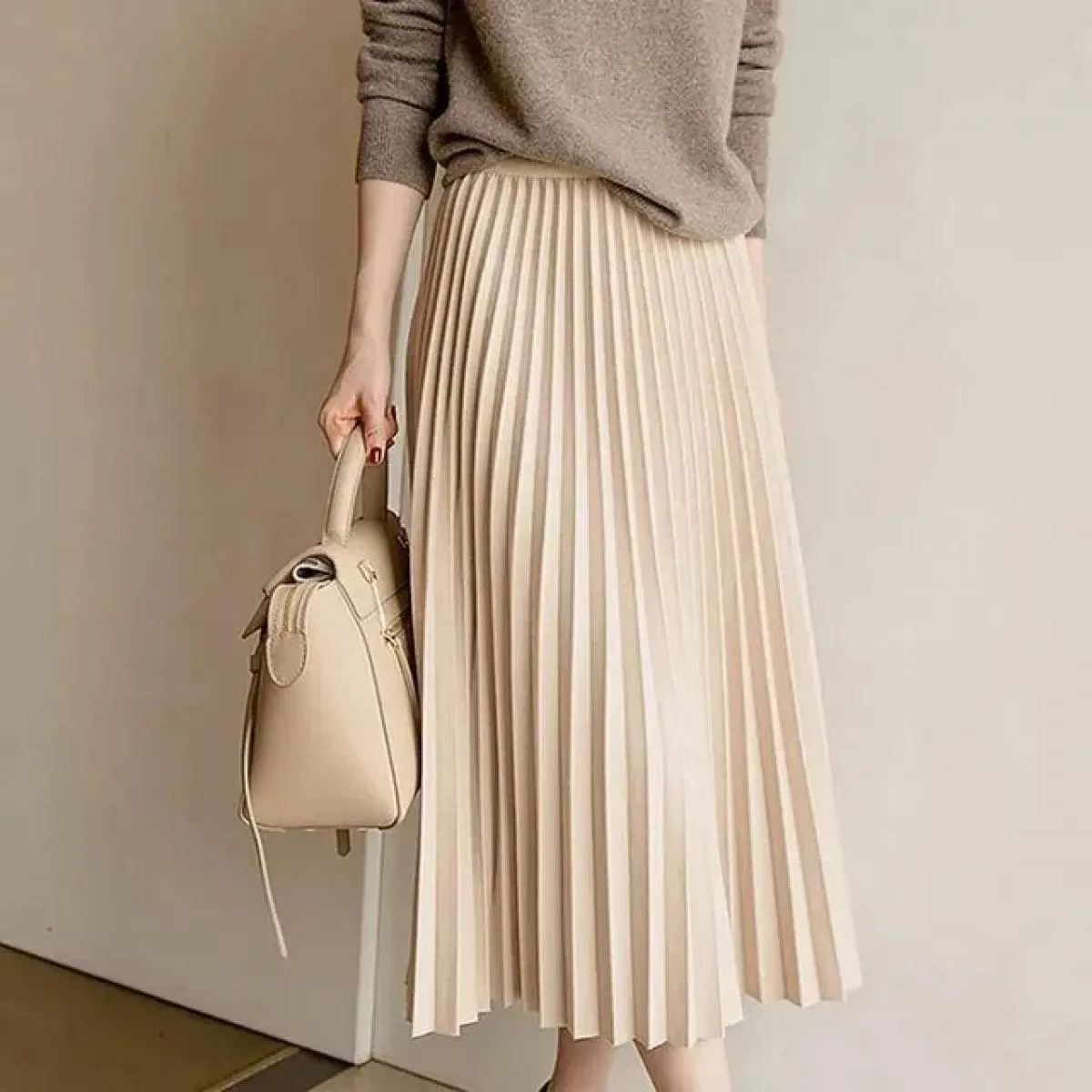Xpqbb Autunno Inverno Gonne a pieghe Donna Elegante Streetwear Semplice Gonna lunga a linea Donna Gonna longuette vintage a vita