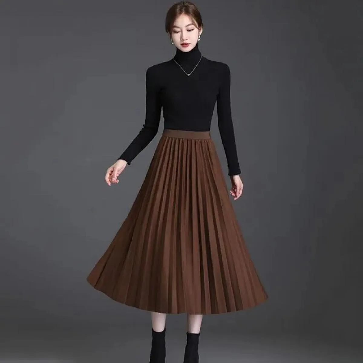 Xpqbb Autunno Inverno Gonne a pieghe Donna Elegante Streetwear Semplice Gonna lunga a linea Donna Gonna longuette vintage a vita