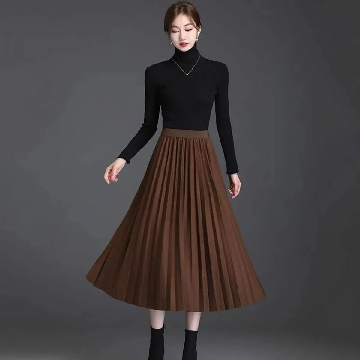Xpqbb Autunno Inverno Gonne a pieghe Donna Elegante Streetwear Semplice Gonna lunga a linea Donna Gonna longuette vintage a vita