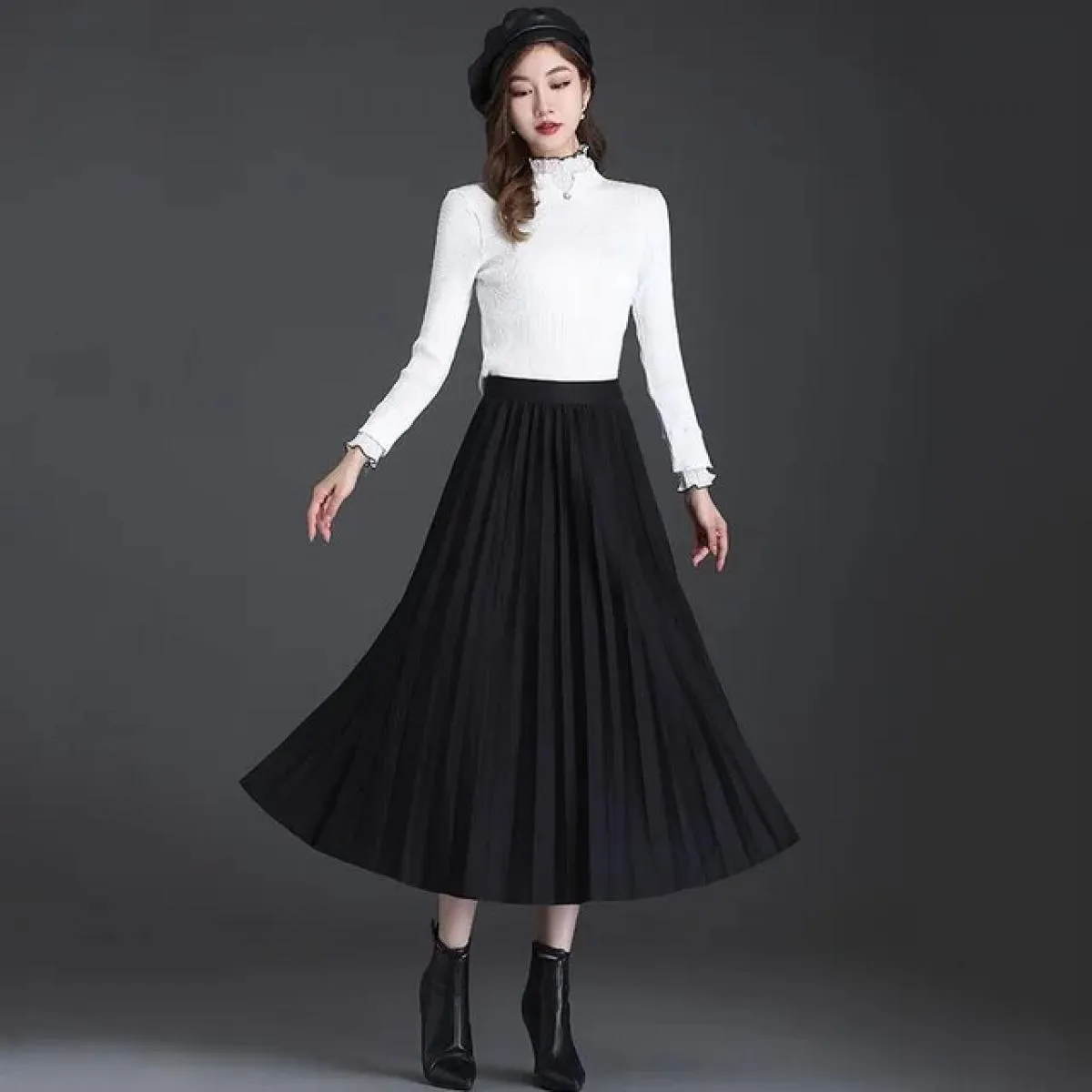 Xpqbb Autunno Inverno Gonne a pieghe Donna Elegante Streetwear Semplice Gonna lunga a linea Donna Gonna longuette vintage a vita