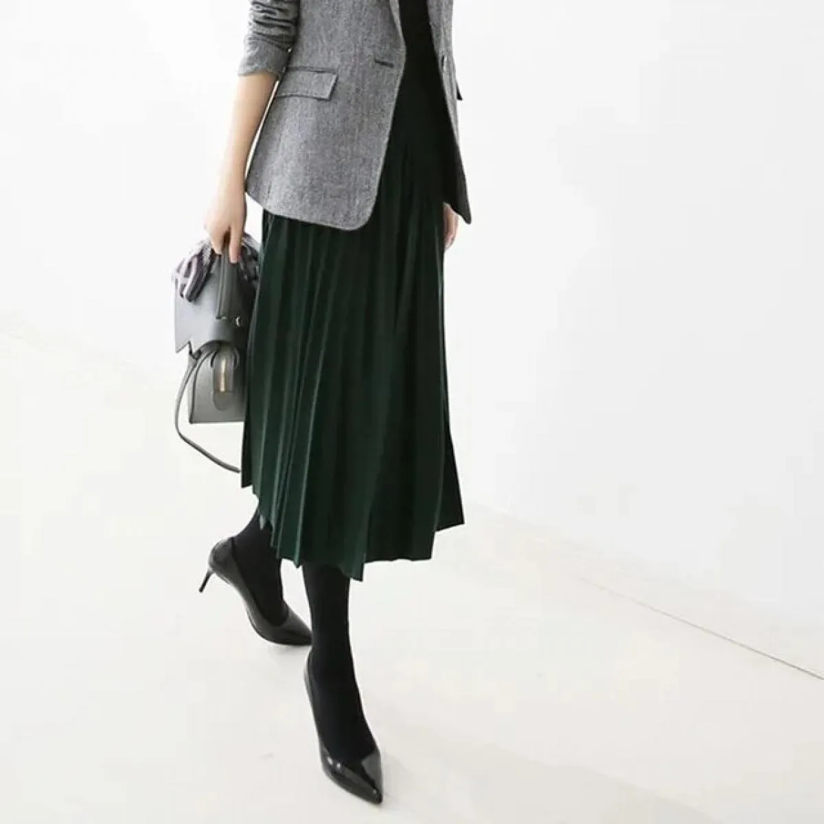 Xpqbb Autunno Inverno Gonne a pieghe Donna Elegante Streetwear Semplice Gonna lunga a linea Donna Gonna longuette vintage a vita