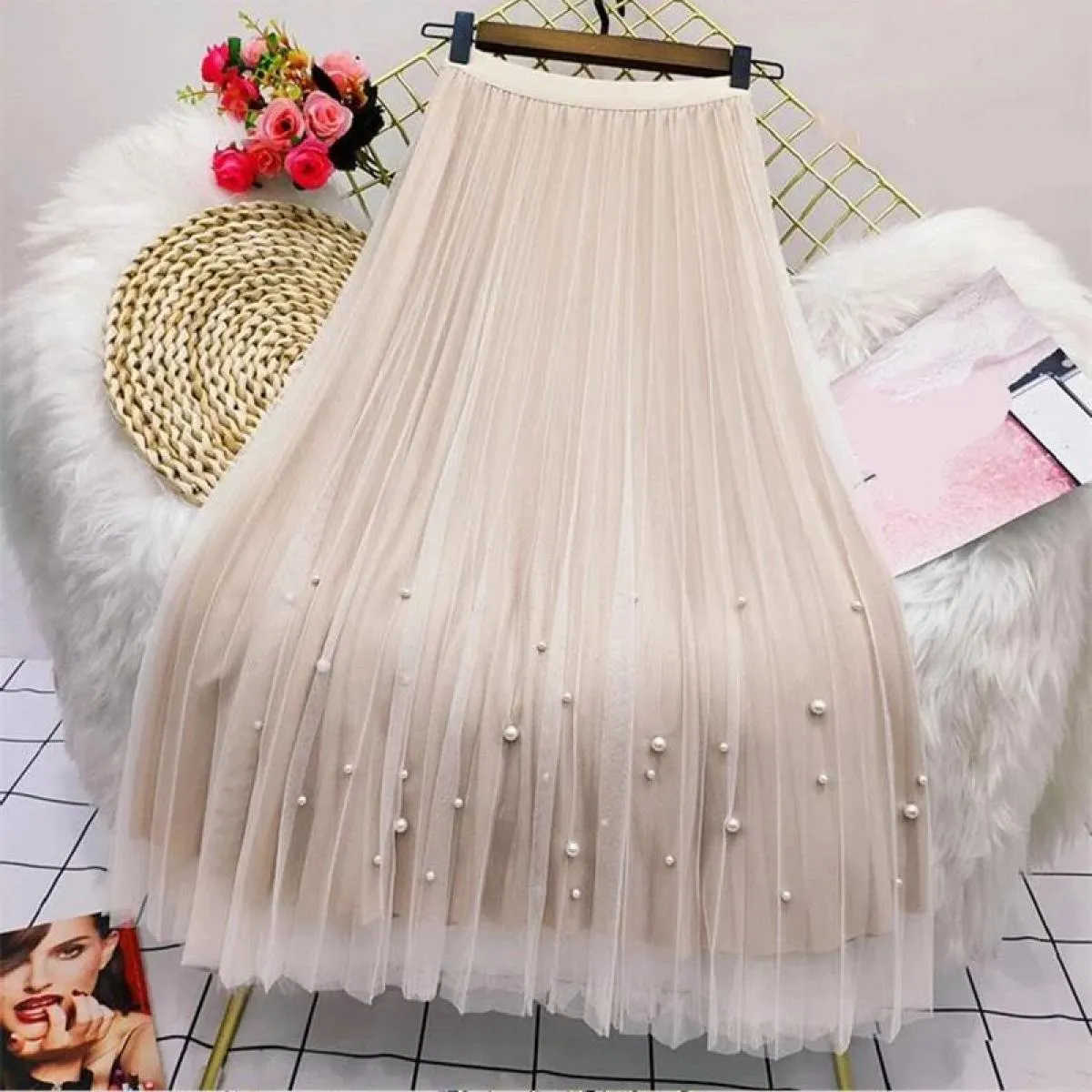 Xpqbb Elegante Perle Maglia Gonne Lunghe Donna Estate Elastica a Vita Alta Gonna a Linea Donna Entrambi i Lati Indossano Pieghe