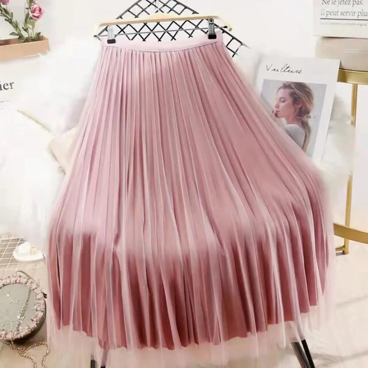 Xpqbb Elegante Perle Maglia Gonne Lunghe Donna Estate Elastica a Vita Alta Gonna a Linea Donna Entrambi i Lati Indossano Pieghe