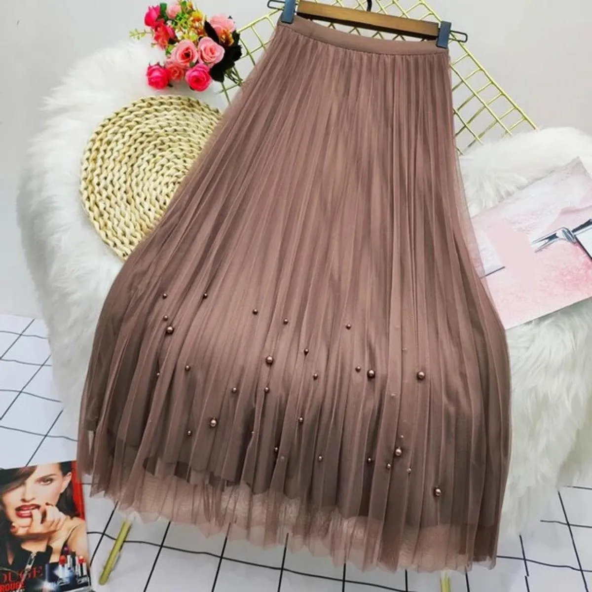 Xpqbb Elegante Perle Maglia Gonne Lunghe Donna Estate Elastica a Vita Alta Gonna a Linea Donna Entrambi i Lati Indossano Pieghe