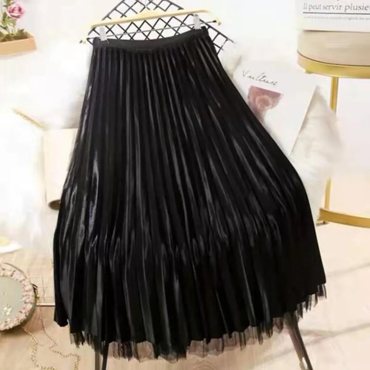 Xpqbb Elegante Perle Maglia Gonne Lunghe Donna Estate Elastica a Vita Alta Gonna a Linea Donna Entrambi i Lati Indossano Pieghe