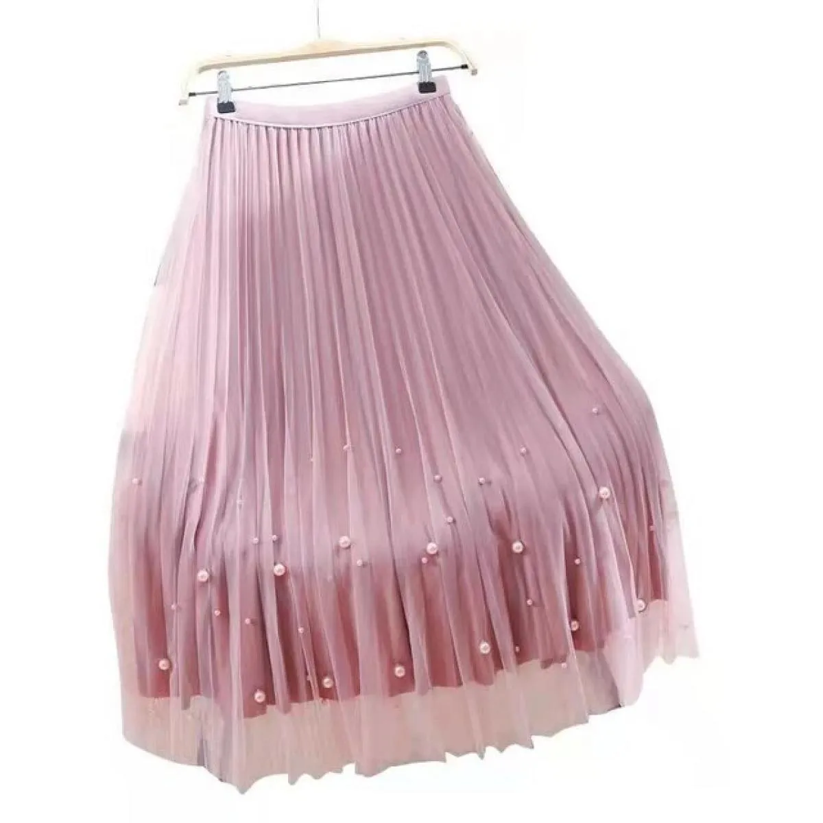 Xpqbb Elegante Perle Maglia Gonne Lunghe Donna Estate Elastica a Vita Alta Gonna a Linea Donna Entrambi i Lati Indossano Pieghe