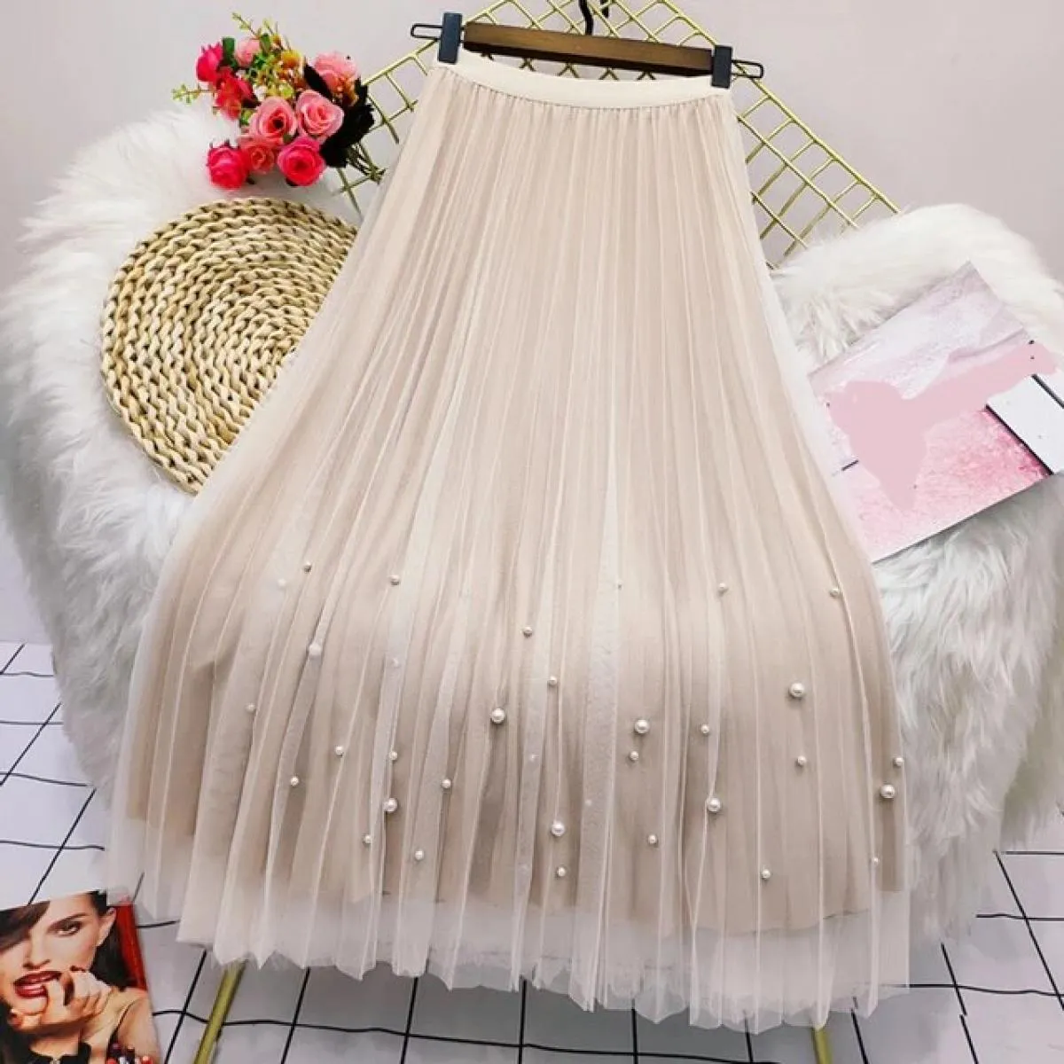 Xpqbb Elegante Perle Maglia Gonne Lunghe Donna Estate Elastica a Vita Alta Gonna a Linea Donna Entrambi i Lati Indossano Pieghe