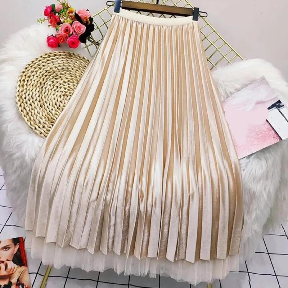 Xpqbb Elegante Perle Maglia Gonne Lunghe Donna Estate Elastica a Vita Alta Gonna a Linea Donna Entrambi i Lati Indossano Pieghe