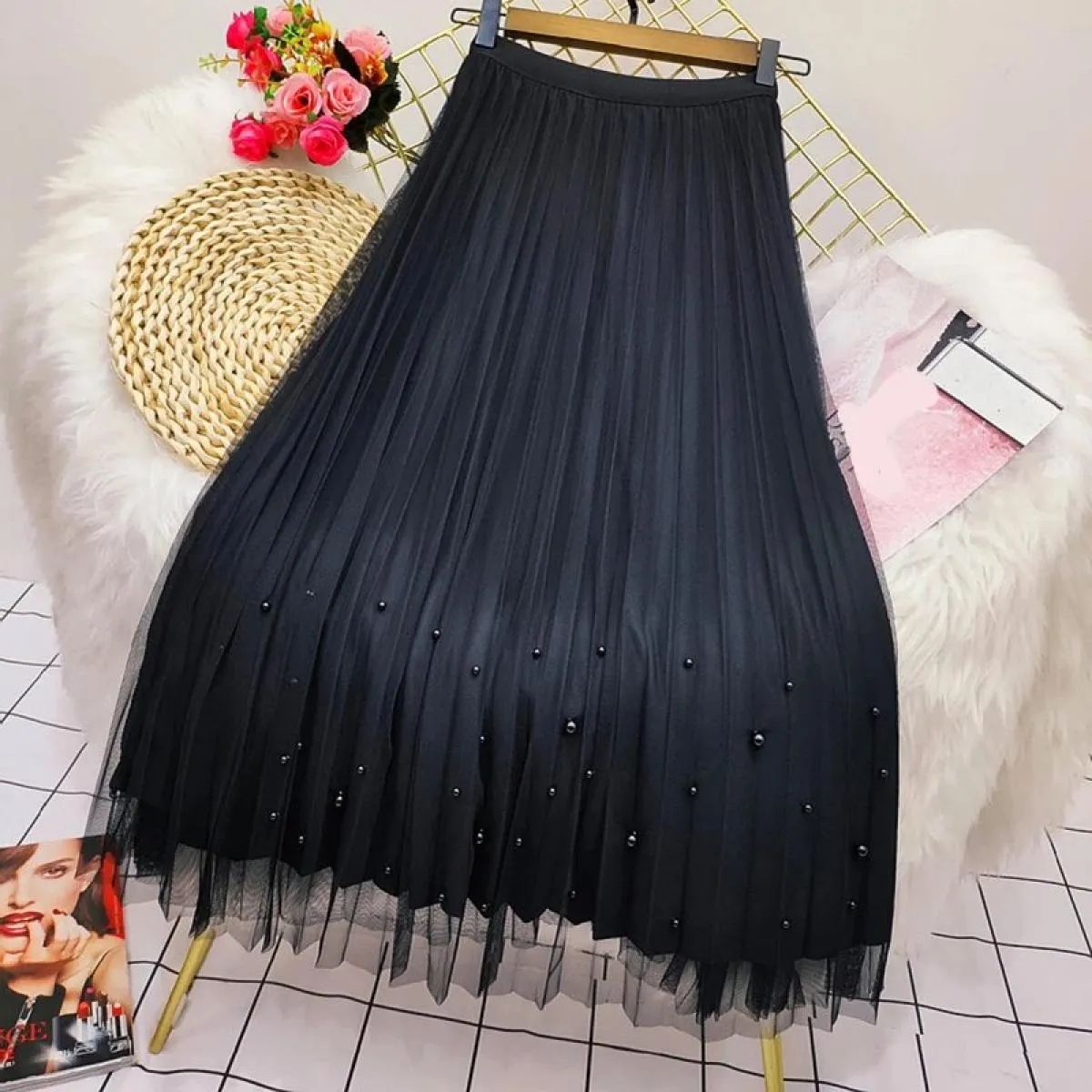 Xpqbb Elegante Perle Maglia Gonne Lunghe Donna Estate Elastica a Vita Alta Gonna a Linea Donna Entrambi i Lati Indossano Pieghe