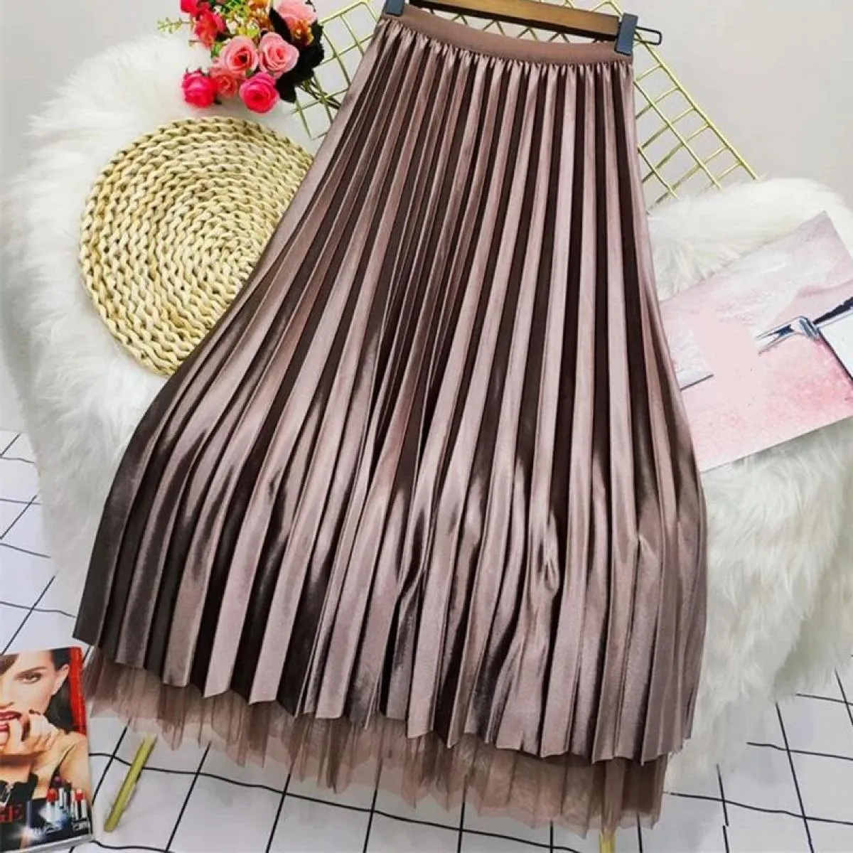 Xpqbb Elegante Perle Maglia Gonne Lunghe Donna Estate Elastica a Vita Alta Gonna a Linea Donna Entrambi i Lati Indossano Pieghe