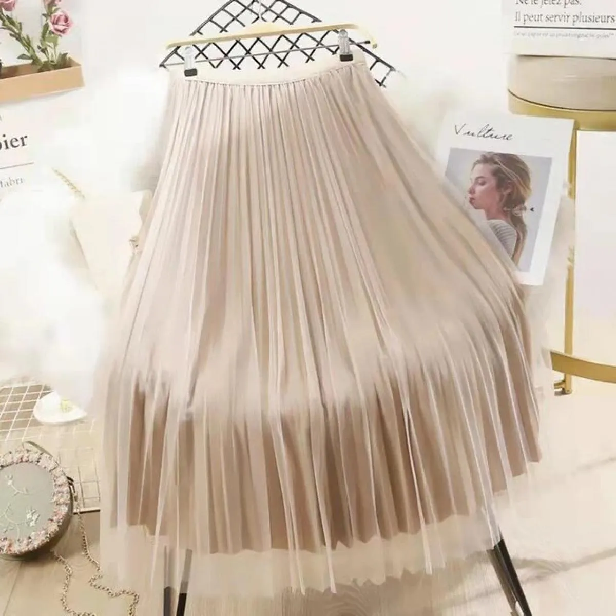 Xpqbb Elegante Perle Maglia Gonne Lunghe Donna Estate Elastica a Vita Alta Gonna a Linea Donna Entrambi i Lati Indossano Pieghe