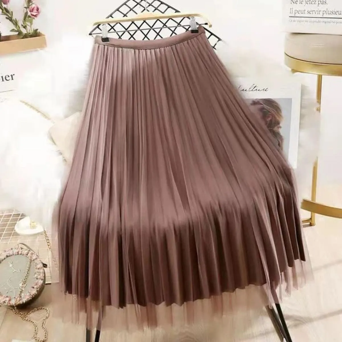 Xpqbb Elegante Perle Maglia Gonne Lunghe Donna Estate Elastica a Vita Alta Gonna a Linea Donna Entrambi i Lati Indossano Pieghe