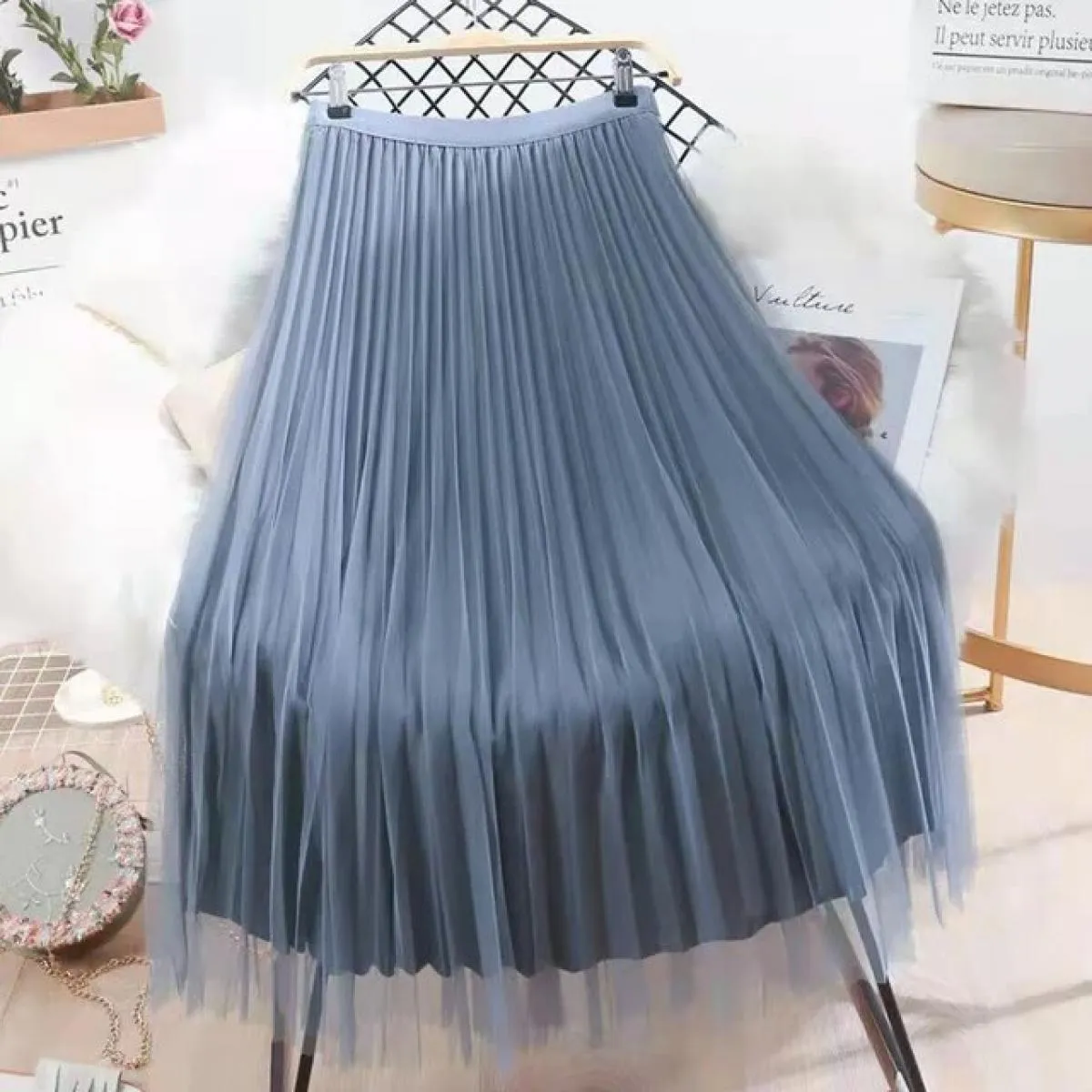 Xpqbb Elegante Perle Maglia Gonne Lunghe Donna Estate Elastica a Vita Alta Gonna a Linea Donna Entrambi i Lati Indossano Pieghe