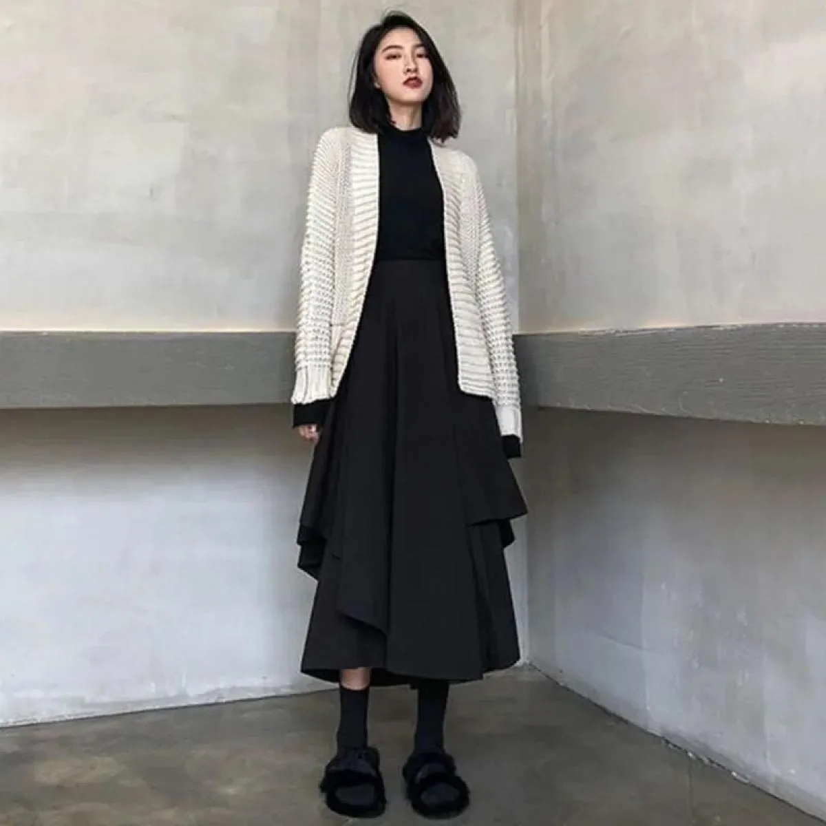 Xpqbb Gonne A Vita Alta Irregolari Nere Donna Vintage Streetwear Gonna Lunga A Pieghe Donna Autunno Inverno Nuova Linea A Mi