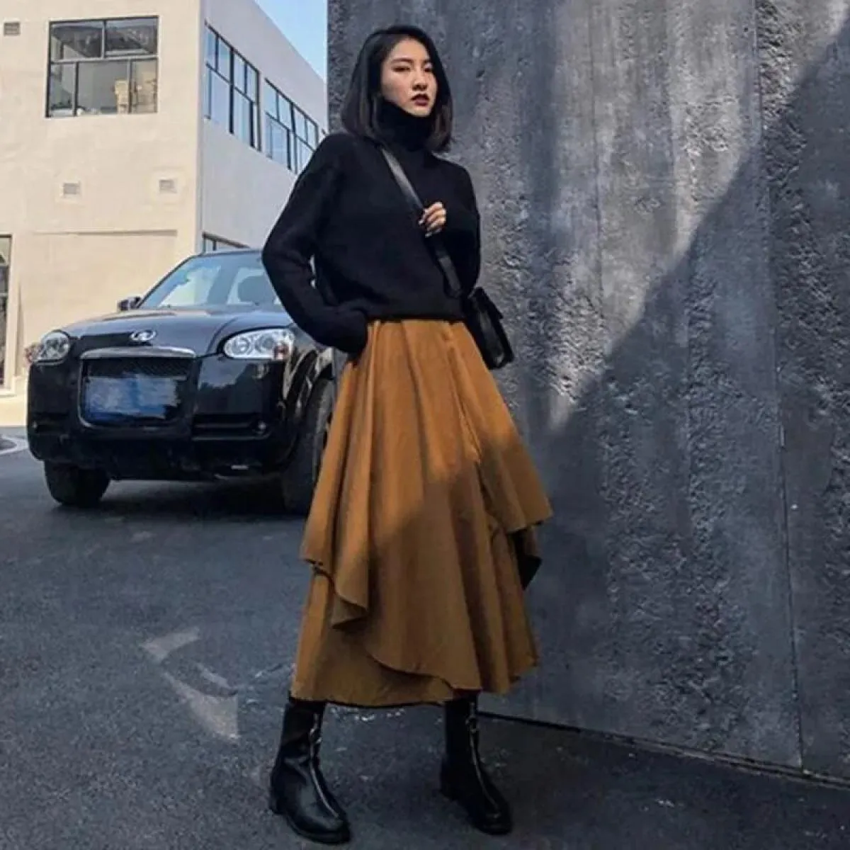 Xpqbb Gonne A Vita Alta Irregolari Nere Donna Vintage Streetwear Gonna Lunga A Pieghe Donna Autunno Inverno Nuova Linea A Mi