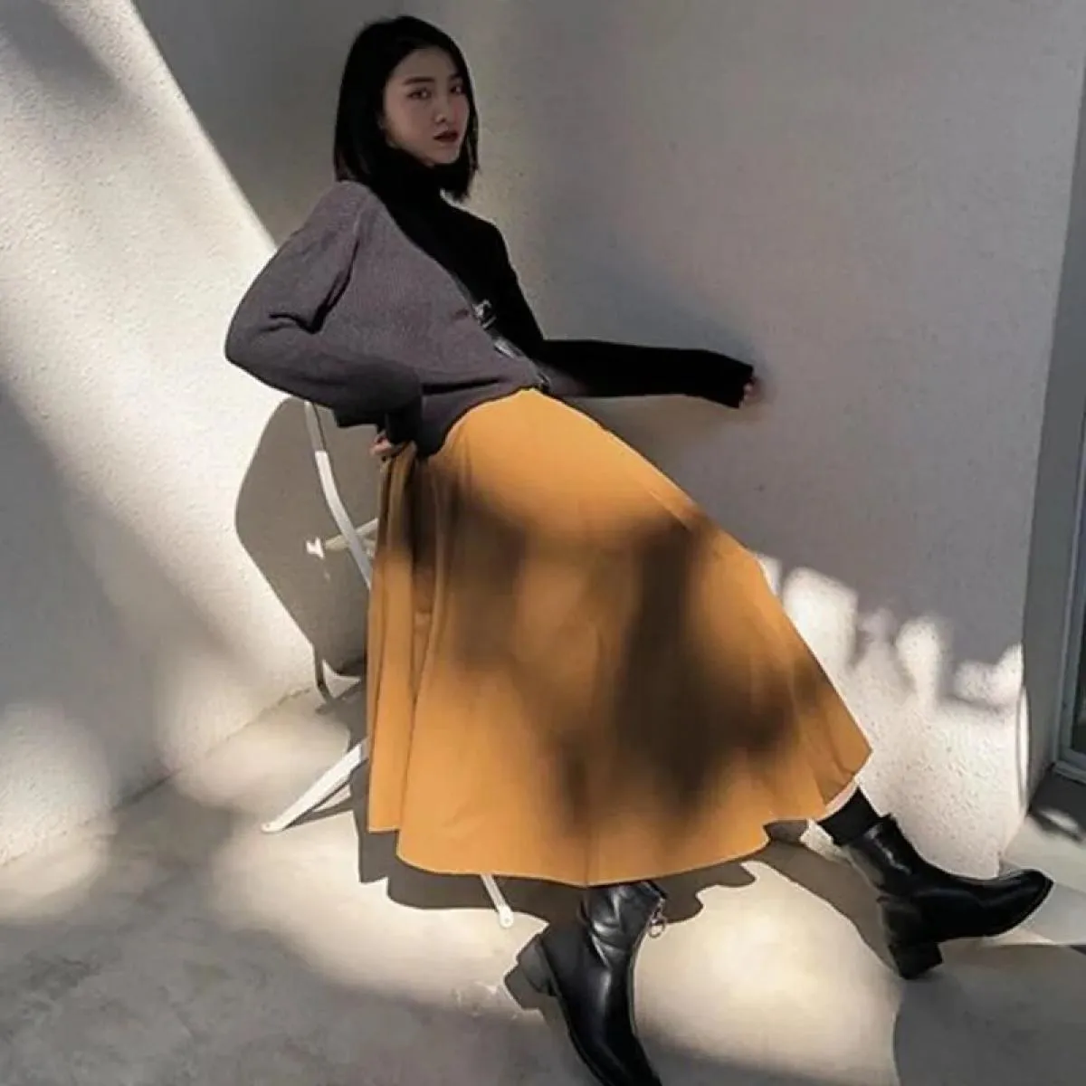 Xpqbb Gonne A Vita Alta Irregolari Nere Donna Vintage Streetwear Gonna Lunga A Pieghe Donna Autunno Inverno Nuova Linea A Mi
