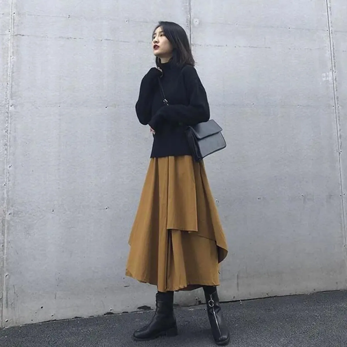 Xpqbb Gonne A Vita Alta Irregolari Nere Donna Vintage Streetwear Gonna Lunga A Pieghe Donna Autunno Inverno Nuova Linea A Mi