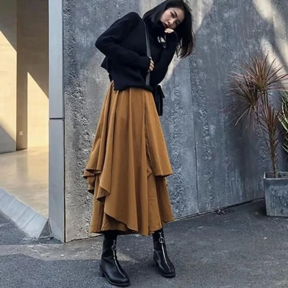 Xpqbb Gonne A Vita Alta Irregolari Nere Donna Vintage Streetwear Gonna Lunga A Pieghe Donna Autunno Inverno Nuova Linea A Mi